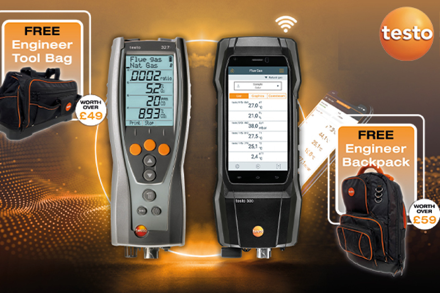 testo Autumn Flue Gas Analyser Offer • Receive a FREE engineer tool bag with select 300 and 327 analysers!
